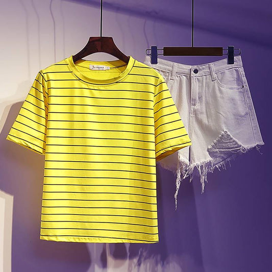Summer Women's Suit Loose Stripe T-shirt Denim Shorts Two Piece Suit
