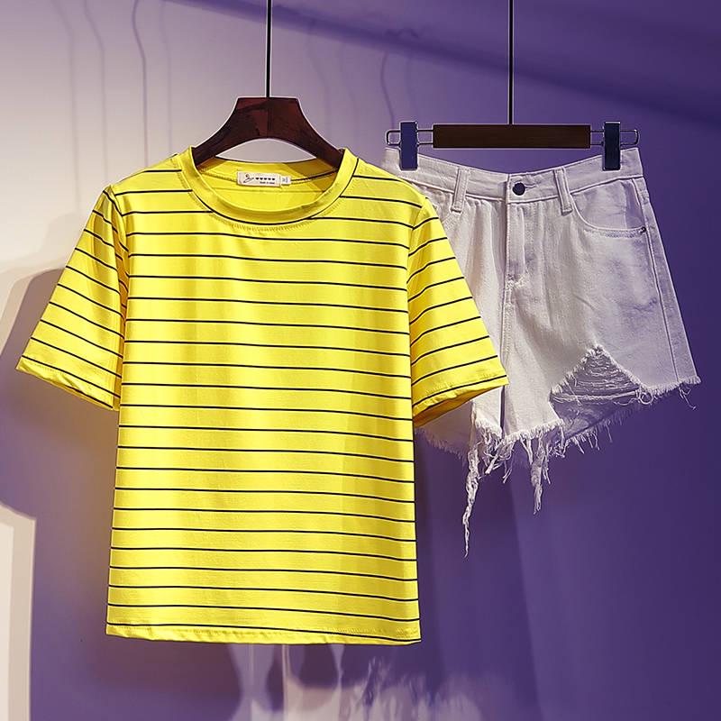 Fashion Summer T-shirt Set Loose Striped T-shirt Denim Short Two-piece Set Women Shorts Set Outfits