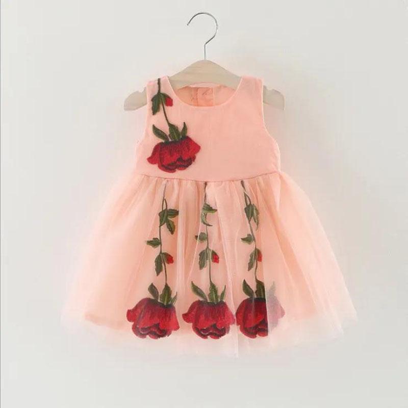 Girls Summer Mesh Dress 0-5 Years Old Baby Girl Sweet Princess Skirt Round Neck Sleeveless Tutu Skirt Rose Decoration