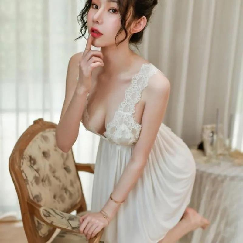 Women's Sexy Lace Pajamas Dresses Show Back Deep V Transparent Nightdress Passionate Sexy Suspender Lingerie Dress