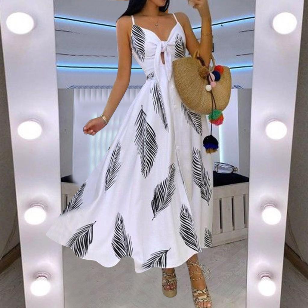 Women Button Casual Sleeveless Camis Vest V-Neck Ladies Long Dress