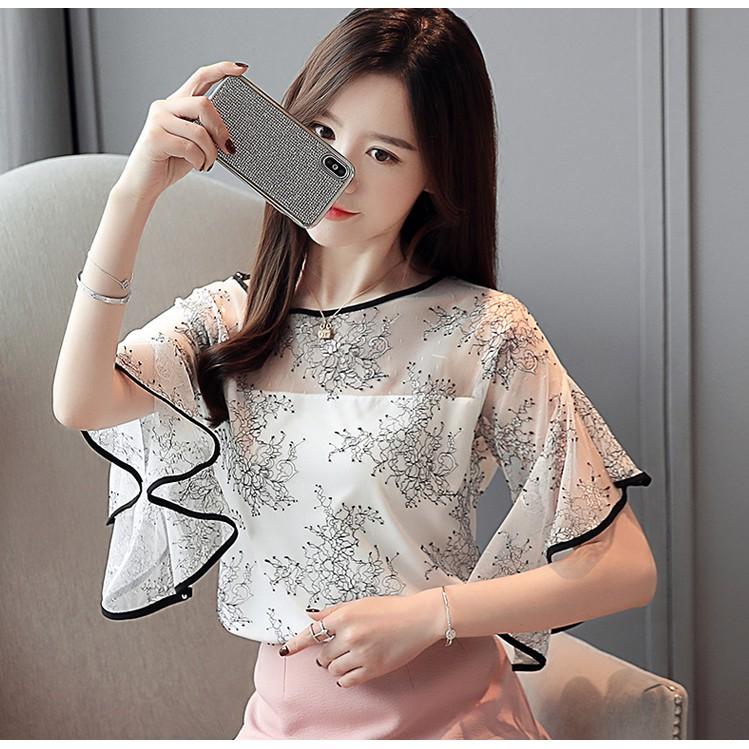 Summer Lace Stitching Women Shirt Embroidery Tops Casual Crochet Hollow Out Blouse