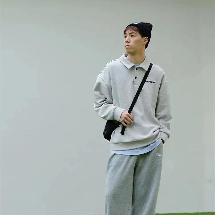 Male Lapel Sweater Loose POLO Wild Trend Spring  Handsome Waff INS Comfortable and Warm Breathable Cotton Hoodie