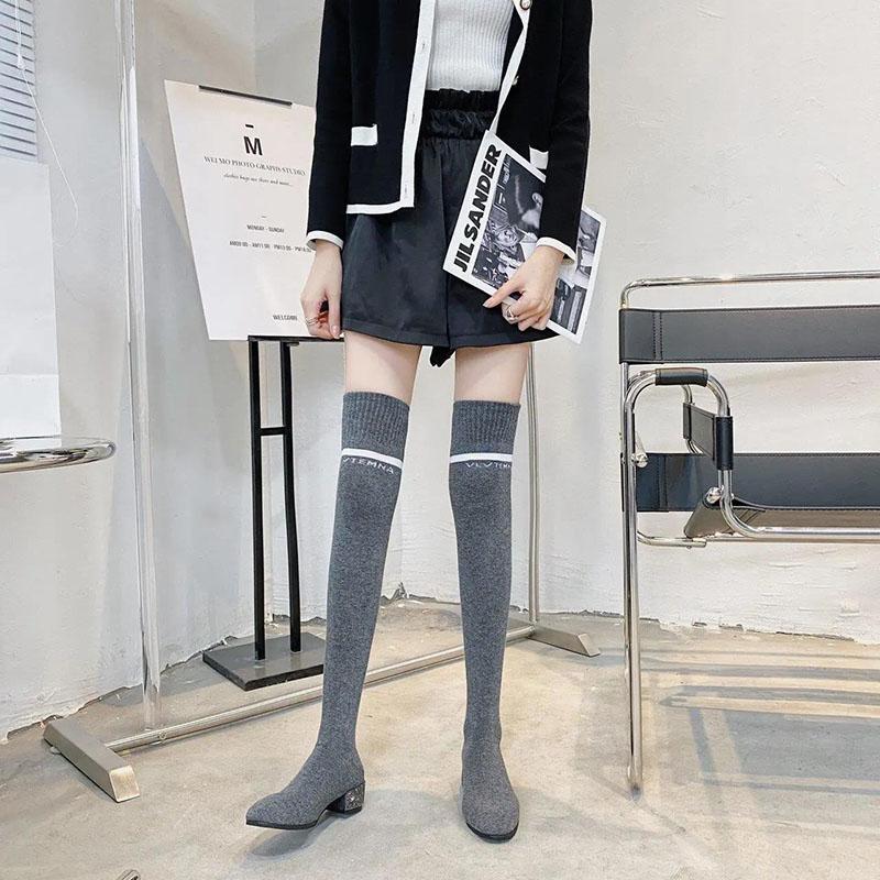 Over-the-knee Boots Socks Shoes Women's Autumn and Winter Knitted Stretch Socks Boots Mid-heel Stovepipe Long Tube High Boots