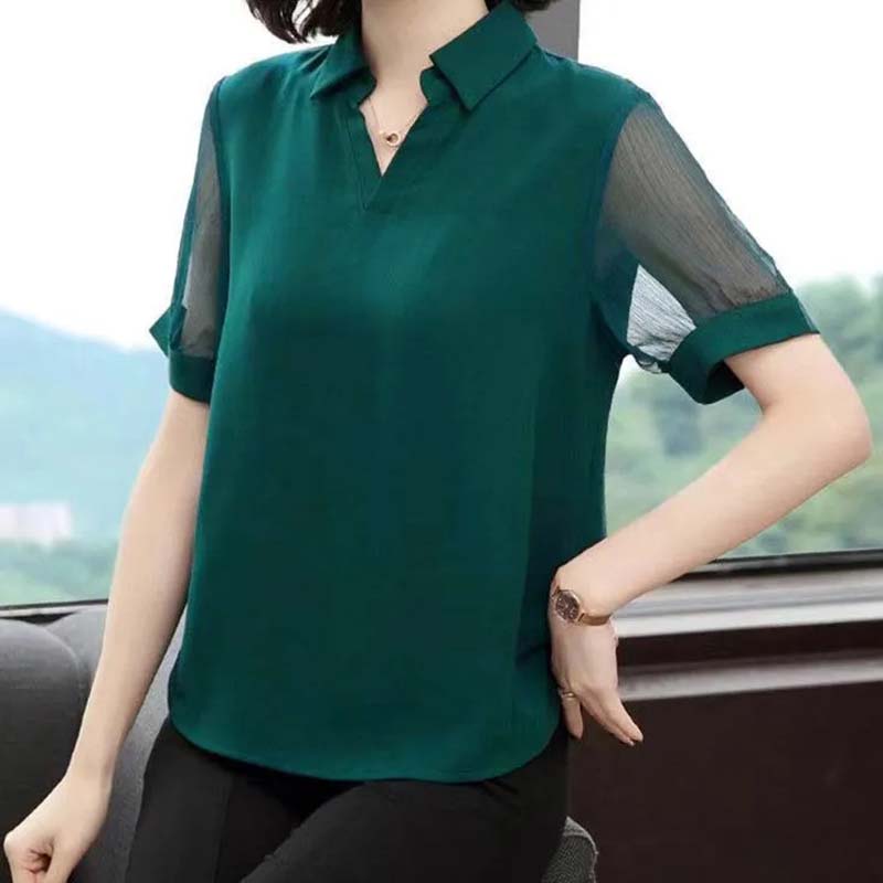Chiffon Shirt 2022 Summer Black Short-sleeved V-neck Top Cover Belly Plus Size Women's Korean Mesh Blouses V Neck Lapel Tops Pullover Blouse Shirts