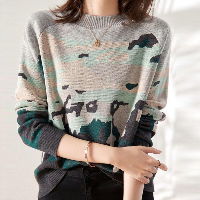 Sweater Women's Contrast Knitwear Pullover Lady Style Korean Loose Top Trending Sweater Autumn and Winter Fluffy Top