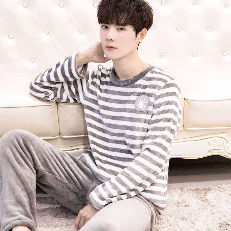 Men's Pajamas Winter Coral Velvet Thickened Plus Velvet Plus Size Youth Hedging Striped Home Service Suit