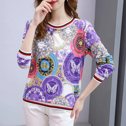 Women's Floral Loose Top Bottoming Shirt Spring and Autumn Mother Long-sleeved T-shirt