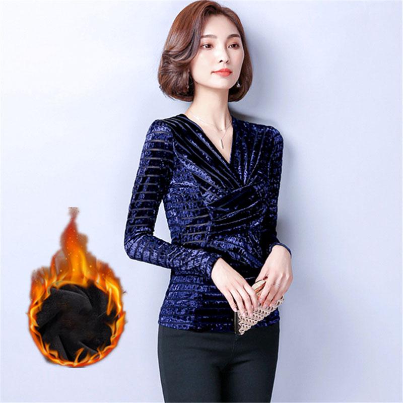 Autumn Winter Plus Velvet Pullover Long-sleeve V-neck Velvet Blouse Slim Plus Size  Sweater Women