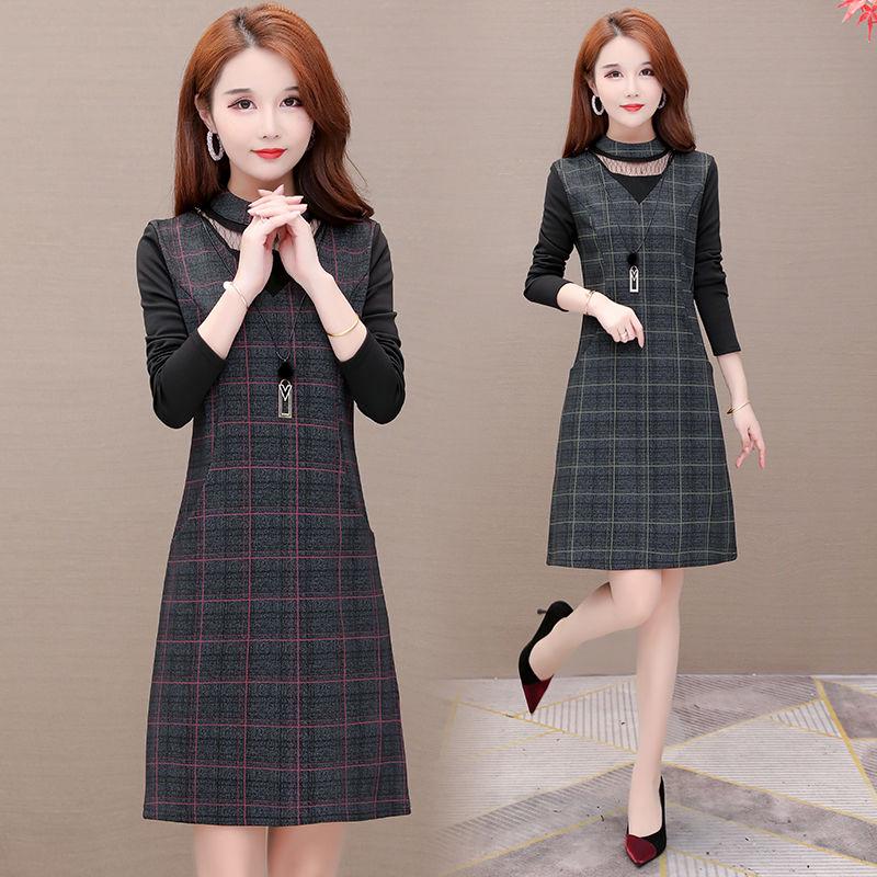 Plus size dress waist was thin skirt fashion plaid long-sleeved dress women spring and autumn