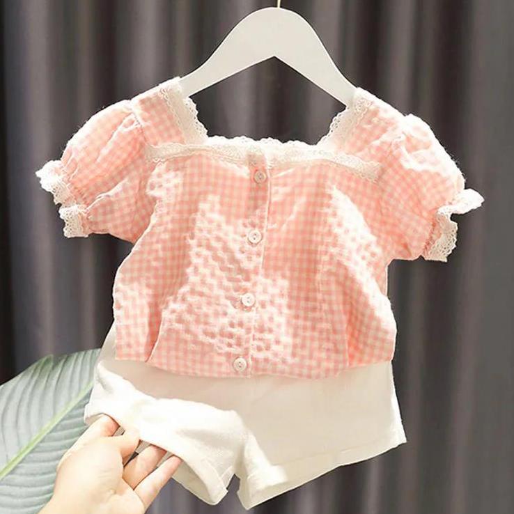 2PCS Children Clothing Set Spring Summer Korean Style Girls Suits Plaid Short Sleeve Tops + Short Clothing Set