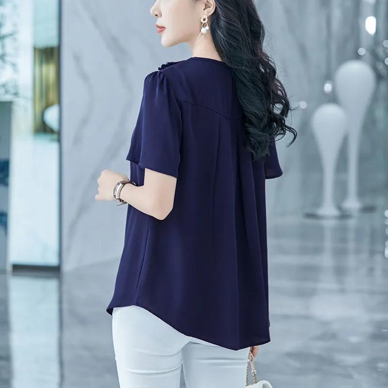 Large Size Short-sleeved Top Women's Round Neck Fungus Edge Collar Loose Thin Shirt Solid Color Chiffon Shirts Button Up Casual All Match Blouses Top