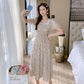 Female Little Fresh Sweet Vintage Holiday Dress Slim High Waist Square Neck Elegant Floral Print Lace Dress