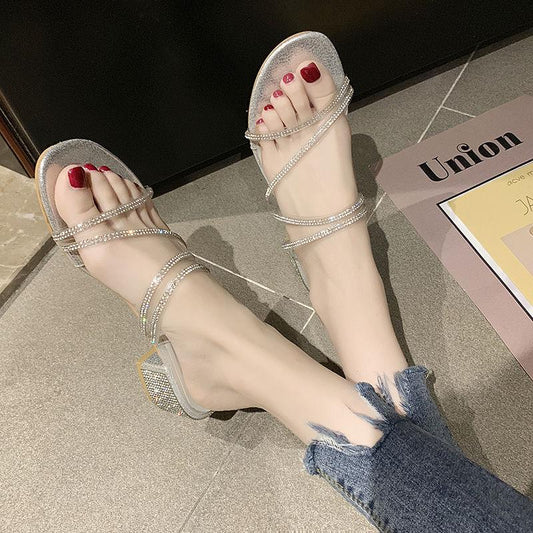 Fashion wild net red rhinestone shoes drag crystal fairy ins thick heel sandals female summer wear