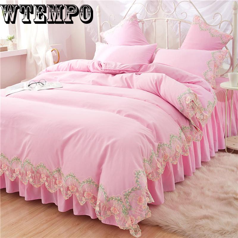 Quilted suit bed skirt four-piece lace quilt cover solid color princess wind comfortable soft cotton