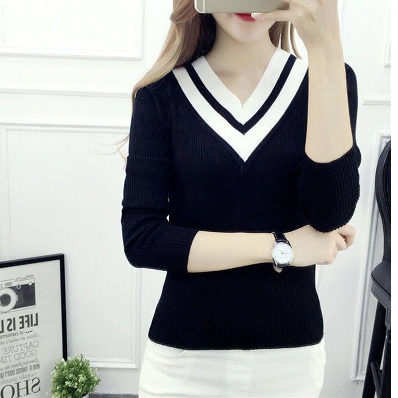 V-neck Short Sweater Autumn and Winter Pullover Slim Top Fashion Knitted Women Sweater