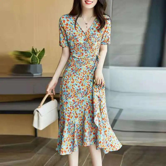 Women's Summer Floral Dress V-neck Slim Mid-length Skirt