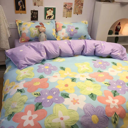 Ins Lattice Cartoon Girl Heart Bedding Four-piece Student Dormitory Three-piece Single Bed