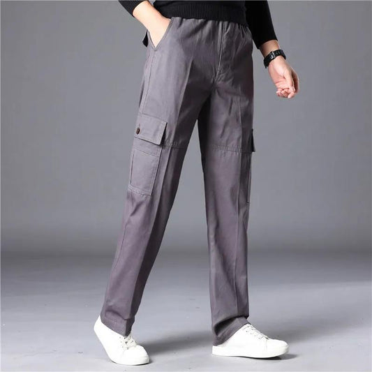 Men's Cotton Casual Overalls Trousers Middle-aged Multi-pocket Pants Loose Wear-resistant Work Pants