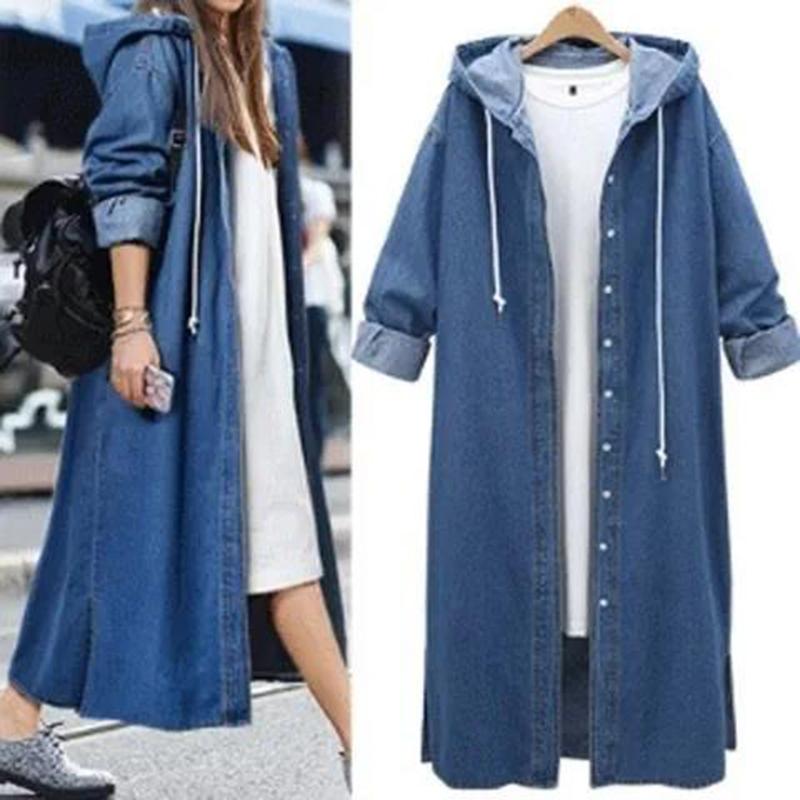 Large Size Loose Denim Jacket Women Spring and Autumn Long-sleeved Hooded Denim Cardigan Long BF Ladies Windbreaker Warm Jacket