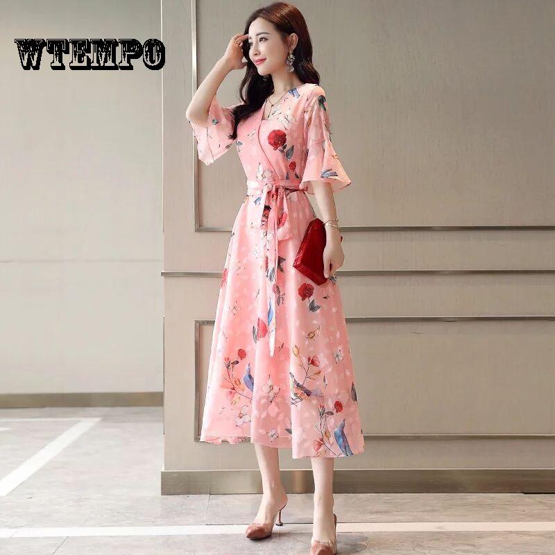 WTEMPO 2019 Boho Women V-neck Floral Print Party Dress Summer Ruffle Sleeveless Long Dress Sexy