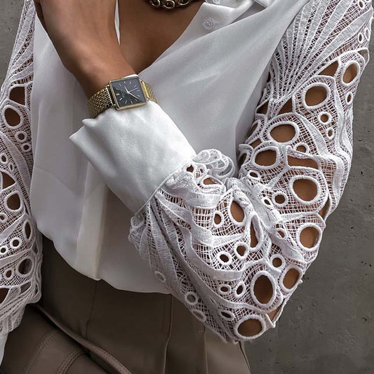 Spring/Summer Long Sleeve Thin Large Size Loose Ladies Solid Color Casual Lace Patchwork Shirt