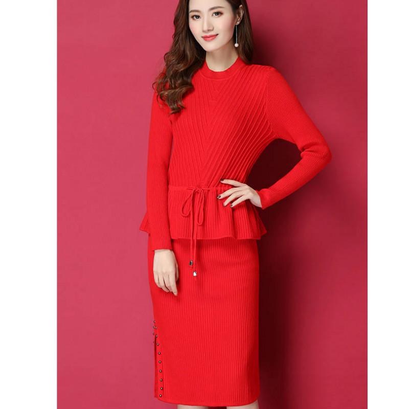 Winter Thick Two-piece Women Knitted Dress Over Knee Long Sweater Suit Autumn Bow Skirt