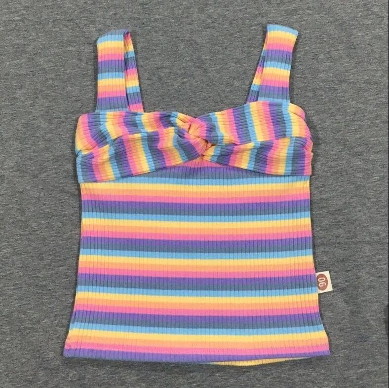 Summer Kids Cute  Girls Summer Thin Camisole Tube Top Mixed Color Striped Halter Fine Flashing Vest