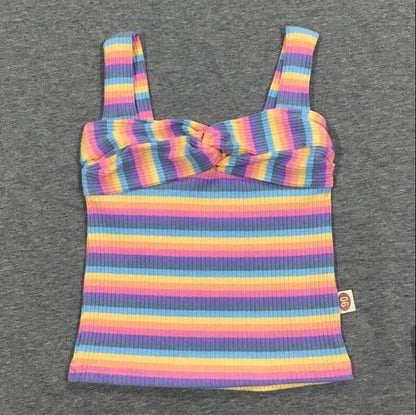 Summer Kids Cute  Girls Summer Thin Camisole Tube Top Mixed Color Striped Halter Fine Flashing Vest