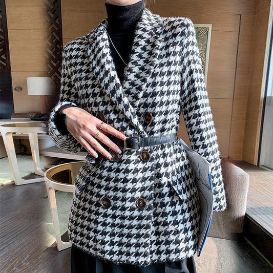 Houndstooth Woolen Coat Thick Loose Autumn Winter Coat Women Thicken Slim Pea Coat