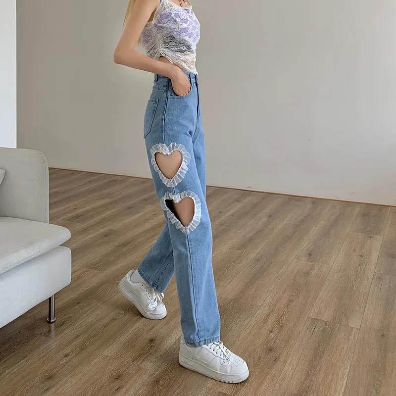 Love Heart Hole Stitching Jeans Loose Wide Leg Pants High Waist Korean Version of Straight Light Pants