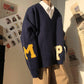 Pofulove V-neck Sweater Women's Pullover Loose Letters Sweater Couples Knitted Coat Autumn Winter