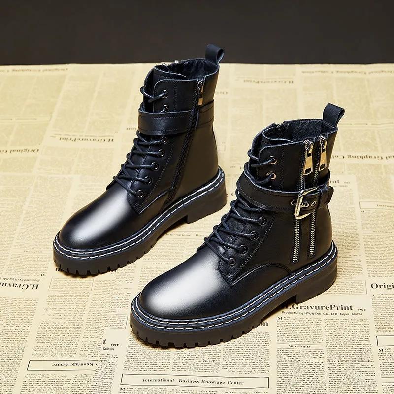 Woman Short Boots Autumn and Winter Warm Boot Thick-soled British Style Martin Boots Plush Boots Leather Velvet Boots