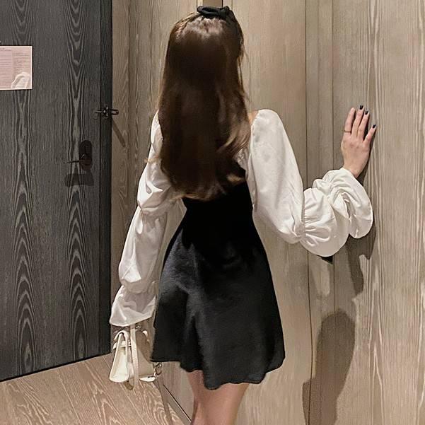 Fashion Sweet Pleuche Dress Stylish Sexy Slash Neck Puff Sleeve Slim Spring Sundress Vestidos