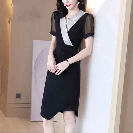 Dress Women's V-neck Hem Irregular Waist and Thin Temperament Black Package Hip Skirt One-step Skirt