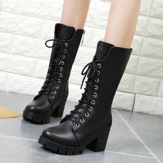 Boots Women Leather Middle Lace-Up Thick Martin Boots Shoes Outdoor PU Leather Winter Female Shoes
