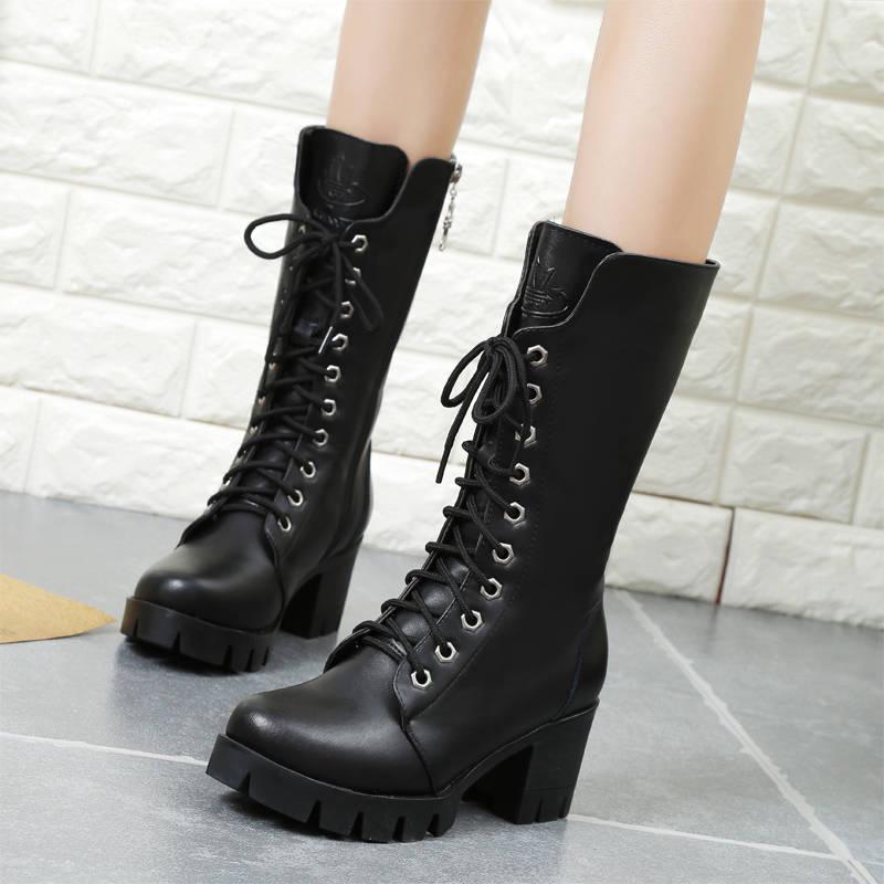 Boots Women Leather Middle Lace-Up Thick Martin Boots Shoes Outdoor PU Leather Winter Female Shoes