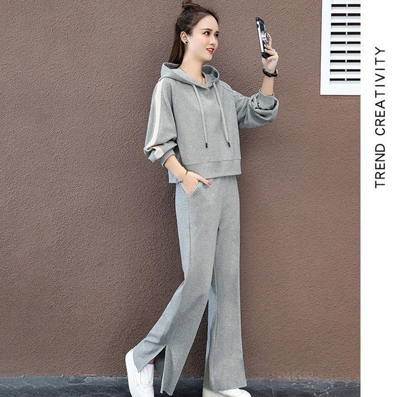 Suit Cotton-containing Leisure Sports Suit Hooded Long-sleeved Hoodie Wide Leg Pants Two-piece Women's Loose Suit Casual Wear