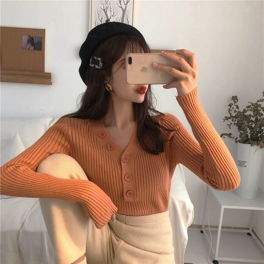 Pofulove Girly V- Neck Button Pullover Long Sleeve Sweater Women Solid Color Slim Waist Knitwear