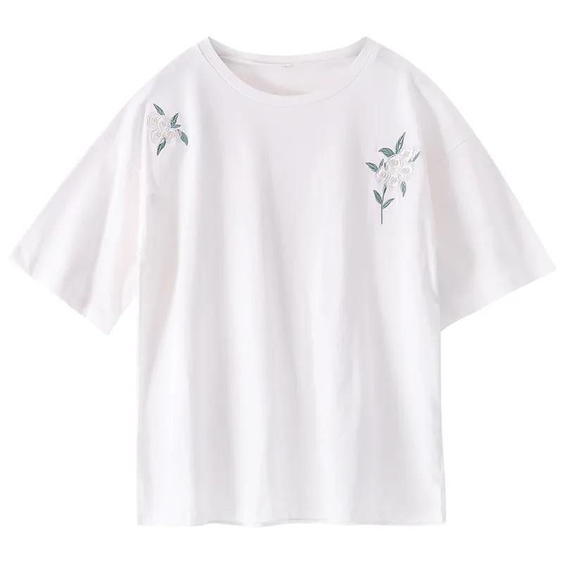 Pure Color White Flower Embroidery Women  Loose Casual Short Sleeves Hipster Cotton Summer Tops