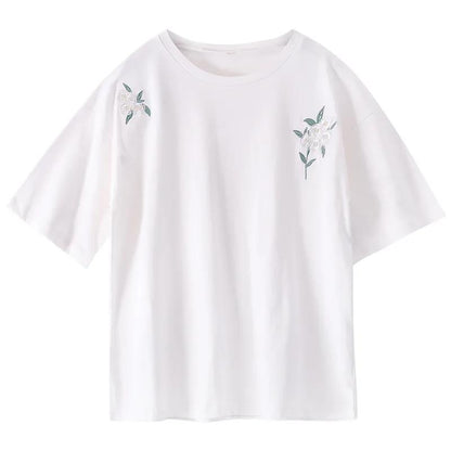 Pure Color White Flower Embroidery Women  Loose Casual Short Sleeves Hipster Cotton Summer Tops