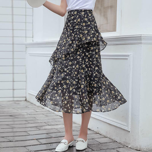Floral Skirt High Waist  Irregular Ruffle Chiffon Midi Skirt Elastic Waist Mid-length Large Hem Skirt A-line Skirt