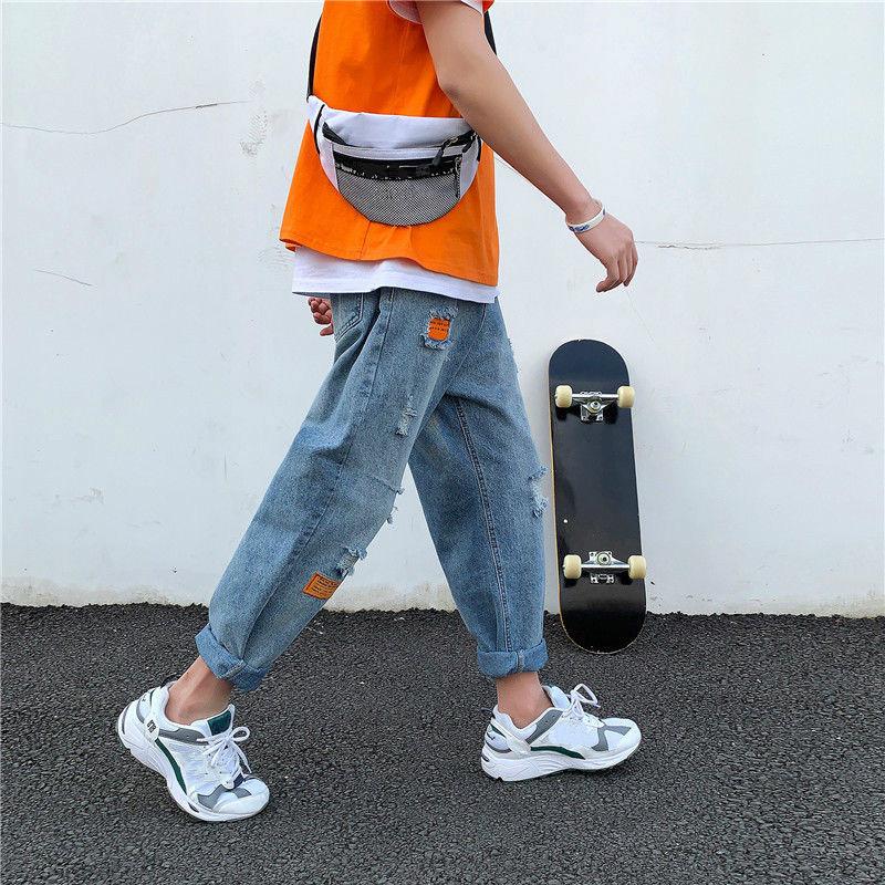 Ripped Loose Jeans Men's Fashion Nine-point Pants All-match Net Red Straight-leg Pants