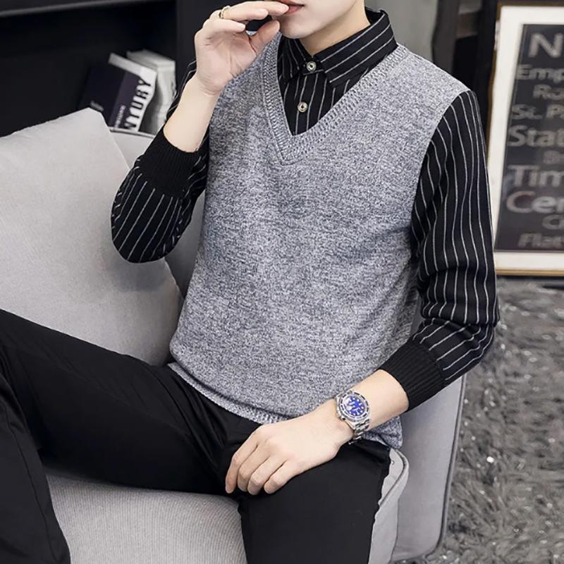 Plus Velvet Autumn and Winter Men's Sweater Fake Two-piece Sweatshirts Trend Slim Knit Sweater Solid Color Wool