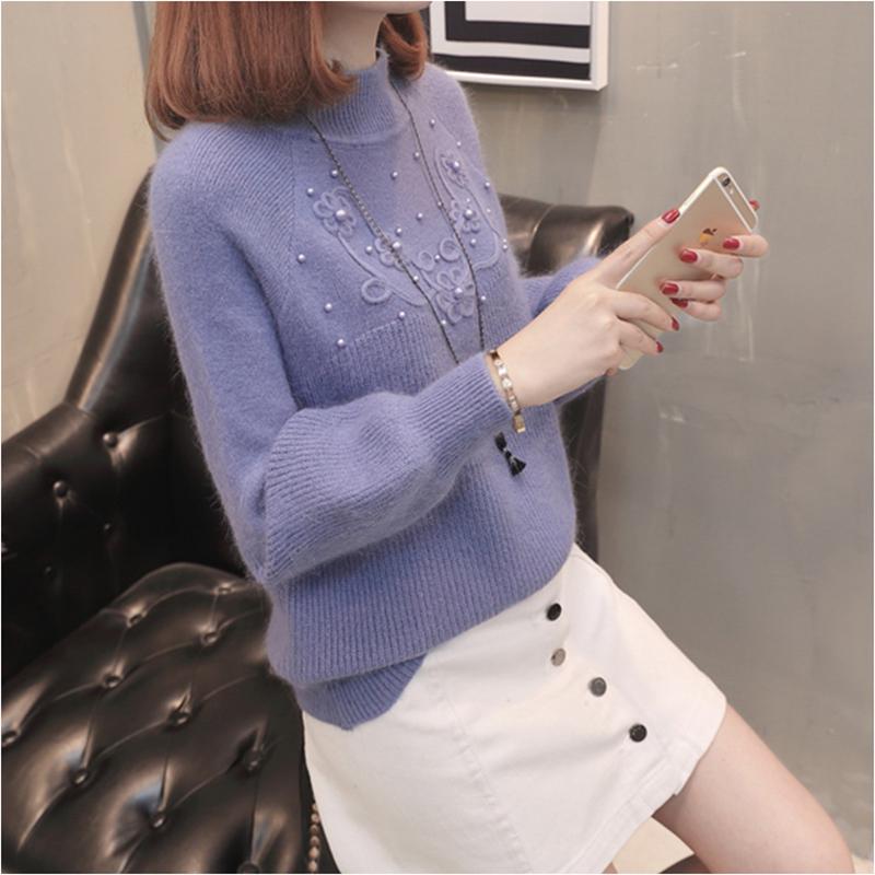Women Half Turtleneck Short Pearl Pullover Sweater Office Loose Thicken Bottoming Shirt