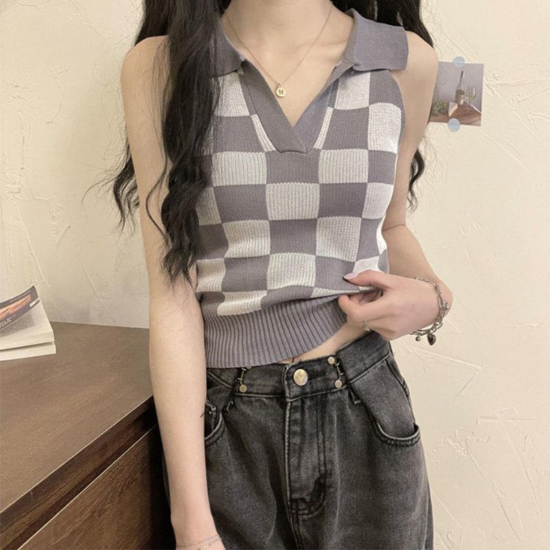 Short Checkerboard Slim Ice Silk Knitted Vest for Women with A Sense of Niche Outside Wearing Polo Collar Sleeveless Top