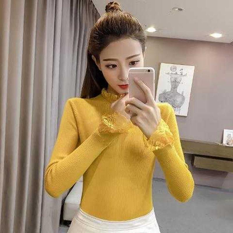 Autumn and Winter Slim-fit Sweater with Lace Trim and Thin Pullover Jacket Fashion Casual Young Women's Top