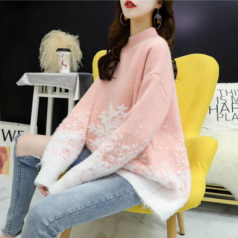 Pofulove Red Christmas Loose Sweater Pullover Female Waterproof Mink Velvet Base Thick Korean Students Autumn and Winter New