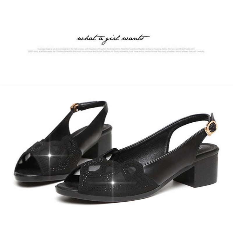 Leather Sandals Women's Thick Heel Fish Mouth Shoes Women's Medium Heel Casual All-match Soft Bottom Women's Shoes