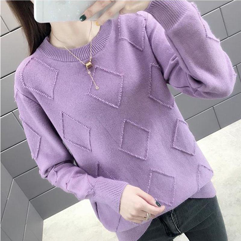 Warm O-neck Sweater Solid Color Rhombus Sweater Knitted Plain Sweater Women Knitwear Long Sleeve